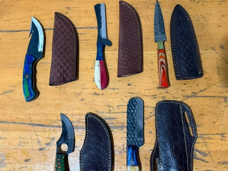 qty-(5)-handmade-hunting,-cleaver,-skinner-&-utility-knives-w/-leather-sheaths-assorted-fixed-blad-image-1