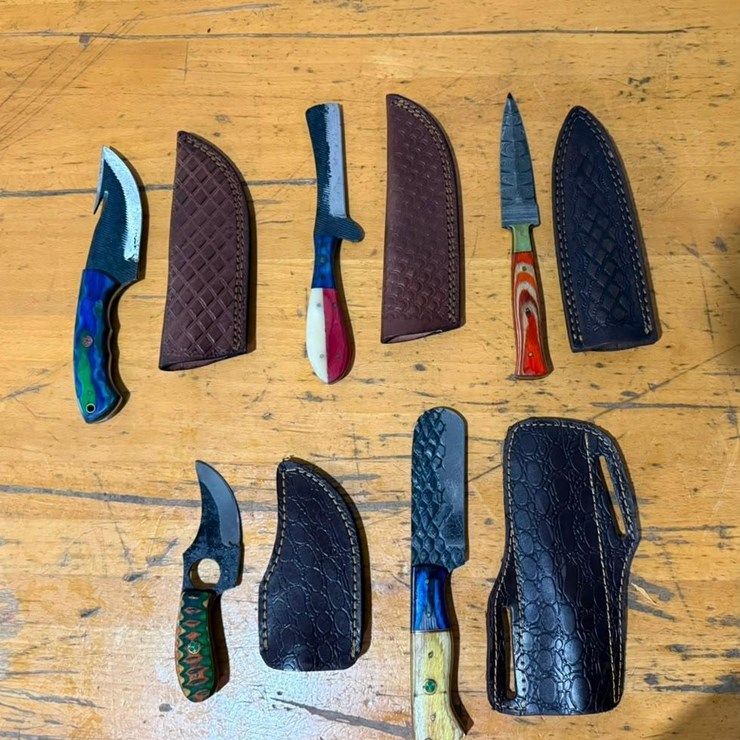 QTY (5) Handmade Hunting, Cleaver, Skinner & Utility Knives w/ Leather Sheaths Assorted Fixed Blad