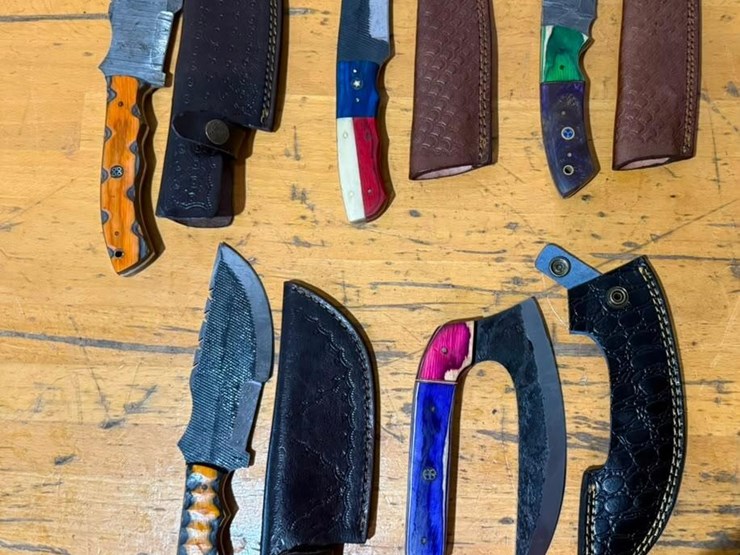 qty-(5)-handmade-hunting,-skinning,-utility-&-ulu-knives-w/-leather-sheaths-assorted-fixed-blade-s-image-1