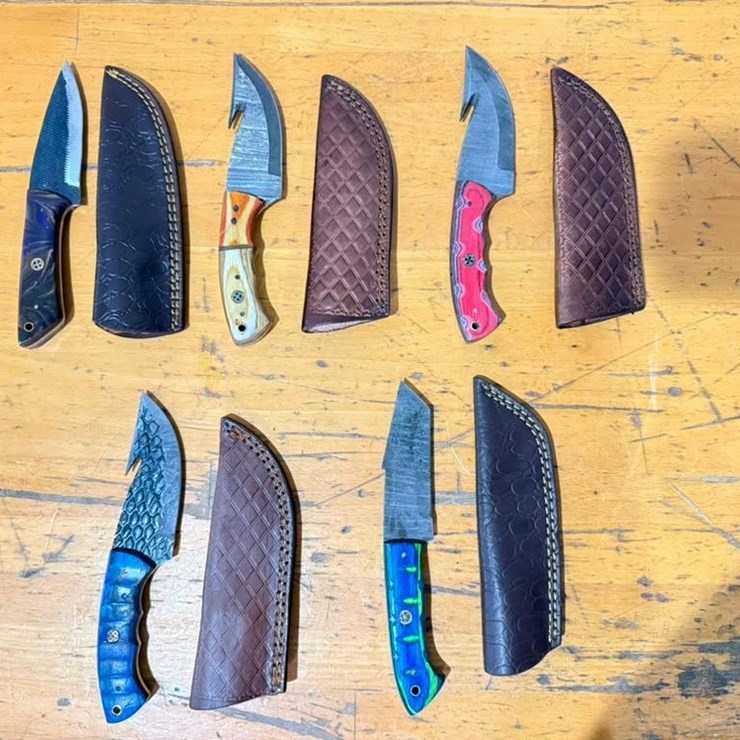 QTY (5) Handmade Fixed Blade Hunting & Gut Hook Knives w/ Leather Sheaths