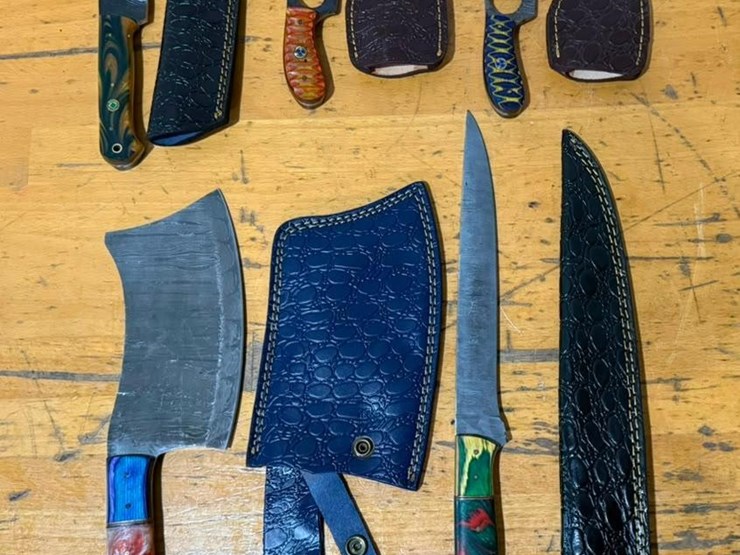 qty-(5)-handmade-cleaver,-fillet,-skinner-&-utility-knives-w/-leather-sheaths-assorted-fixed-blade-image-1