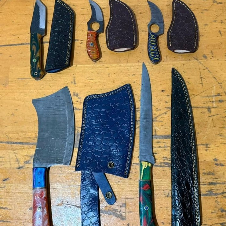 QTY (5) Handmade Cleaver, Fillet, Skinner & Utility Knives w/ Leather Sheaths Assorted Fixed Blade