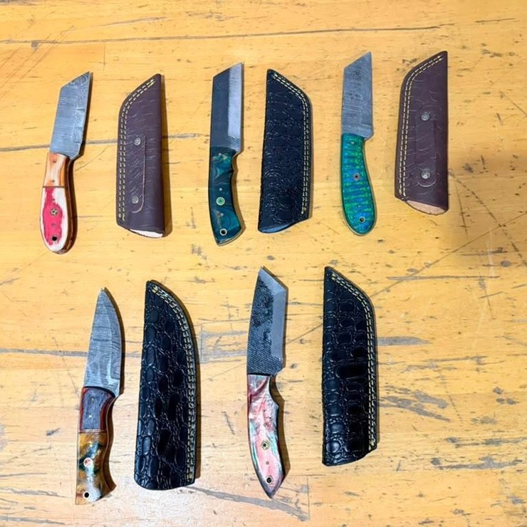 QTY (5) Handmade Fixed Blade Utility & Hunting Knives w/ Leather Sheaths