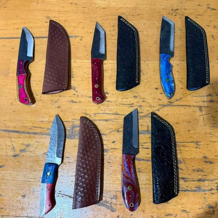 QTY (5) Handmade Hunting & Utility Knives w/ Leather Sheaths Assorted Fixed Blade Set