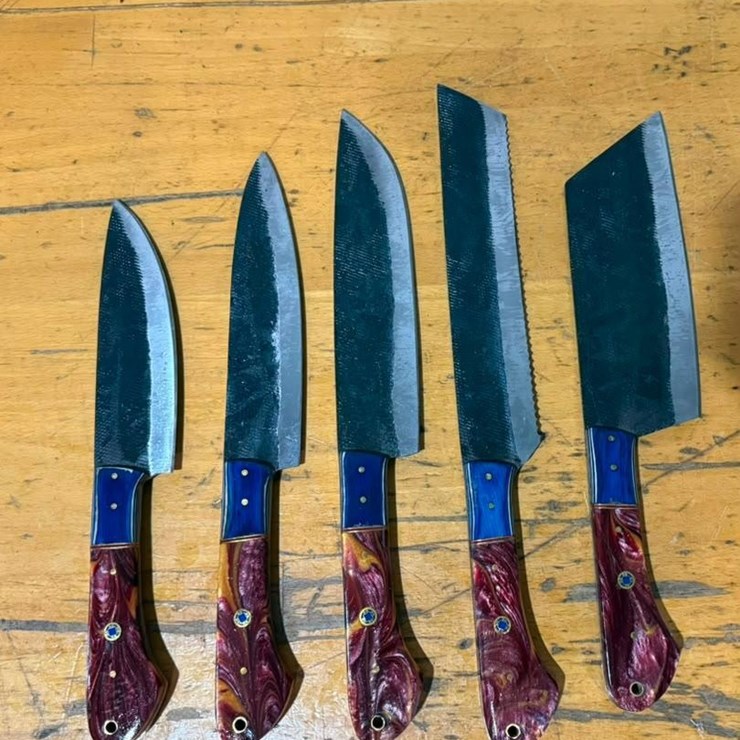QTY (5) Handmade Chef & Kitchen Knives Assorted Fixed Blade Set