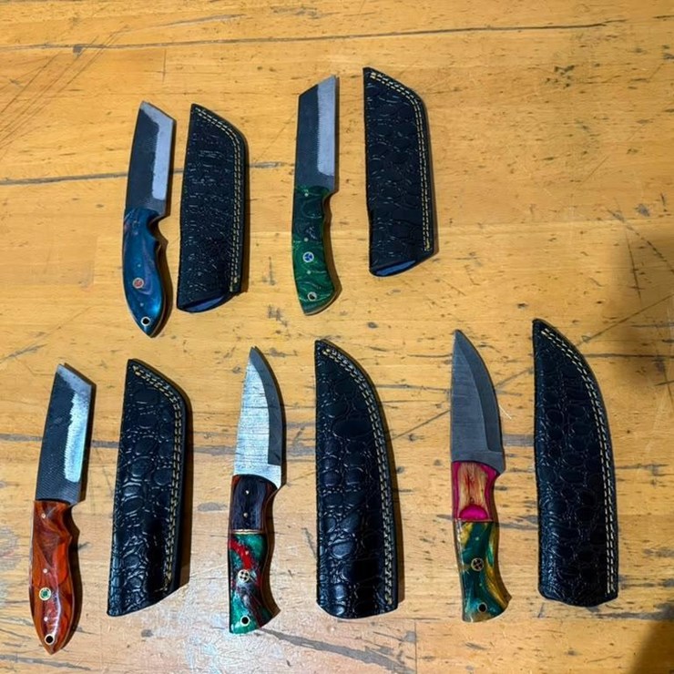 QTY (5) Handmade Fixed Blade Utility & Hunting Knives w/ Leather Sheaths