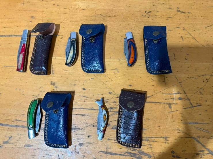 qty-(5)-folding-pocket-knives-with-leather-sheaths-image-1