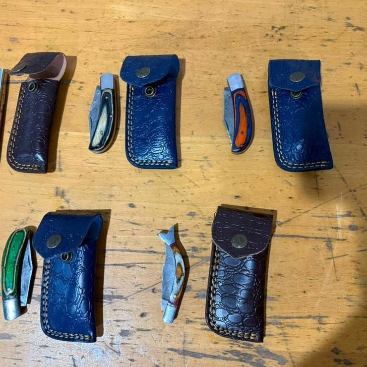 QTY (5) Folding Pocket Knives with Leather Sheaths