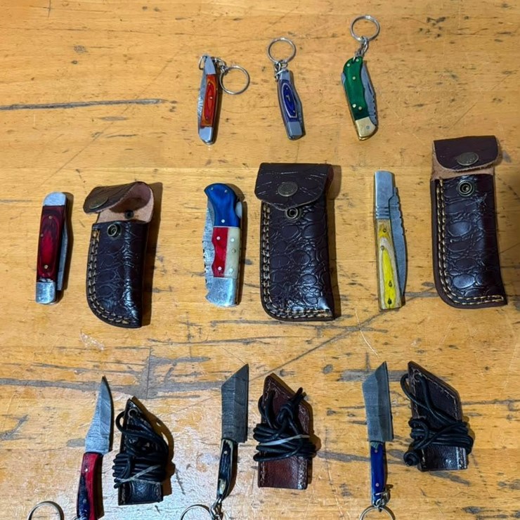 QTY (9) Handmade Pocket, Keychain & Utility Knives w/ Leather Sheaths Assorted Knife Set
