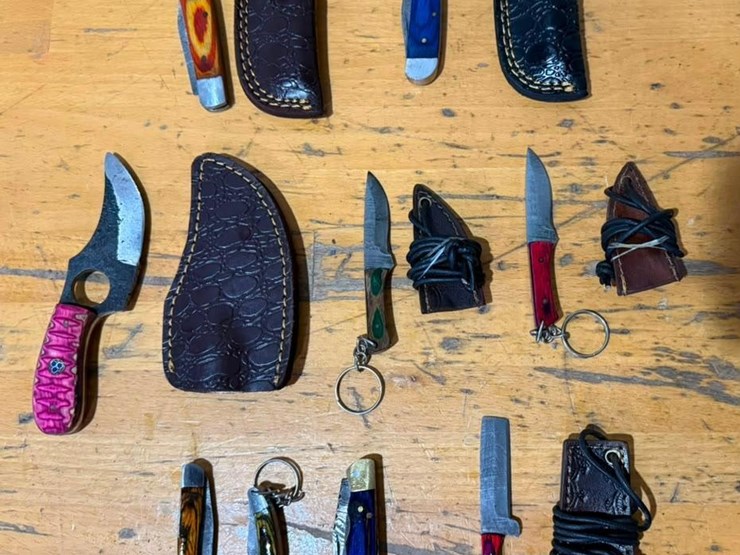 qty-(9)-folding-pocket-knives-&-fixed-blade-gut-hook-knife-with-leather-sheaths-image-1