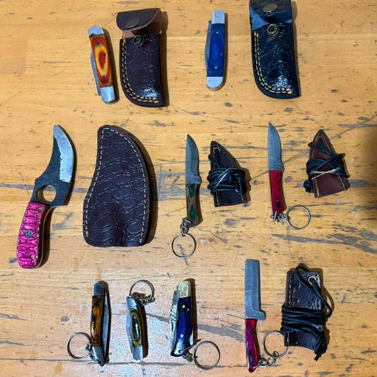 QTY (9) Folding Pocket Knives & Fixed Blade Gut Hook Knife with Leather Sheaths