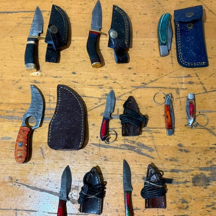 QTY (9) Assorted Handmade Fixed Blade, Folding & Keychain Knives w/ Leather Sheaths