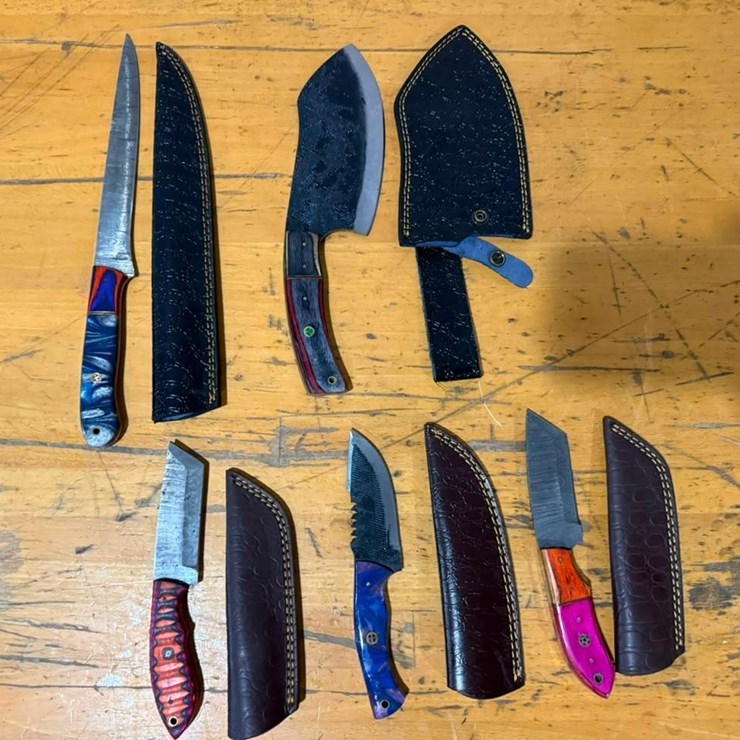 QTY (5) Handmade Fixed Blade Knives w/ Leather Sheaths Damascus-Style & Tactical Assortment