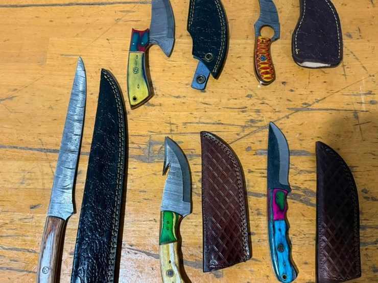 qty-(5)-handmade-hunting-&-fillet-knives-w/-leather-sheaths-assorted-fixed-blade-set-image-1