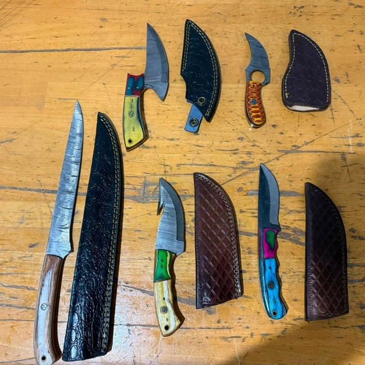 QTY (5) Handmade Hunting & Fillet Knives w/ Leather Sheaths Assorted Fixed Blade Set