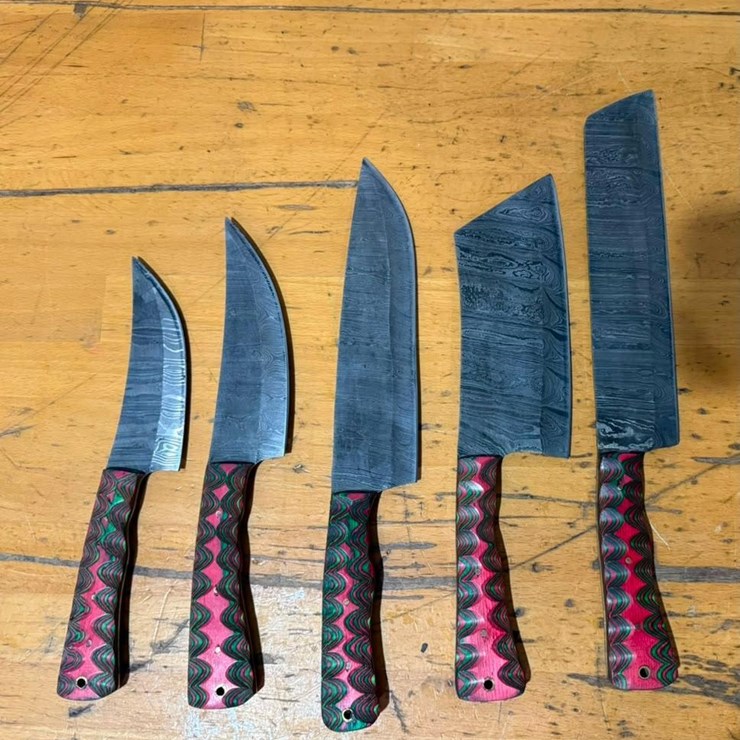 QTY (5) Handmade Kitchen Knife Set Damascus-Style Blades