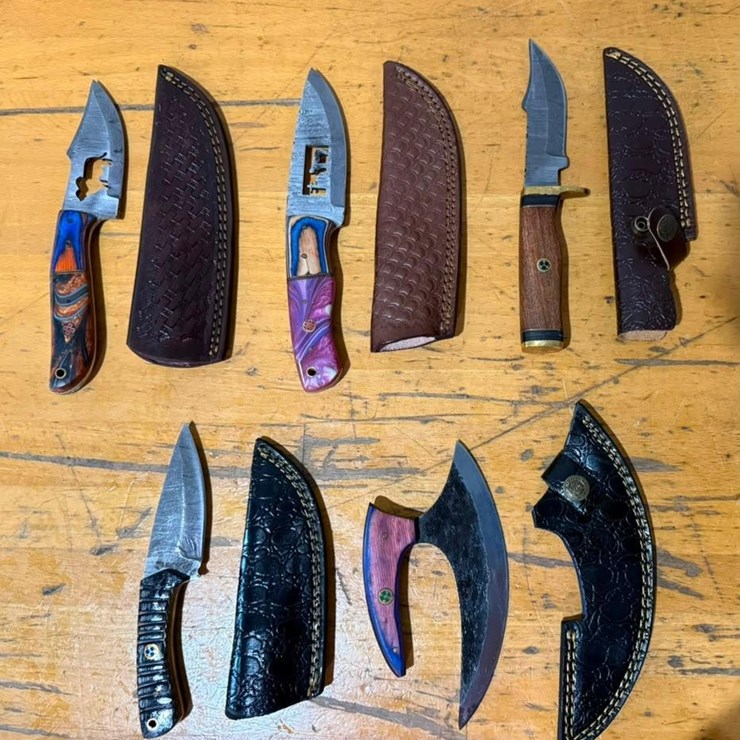 QTY (5) Handmade Hunting & Utility Knives w/ Leather Sheaths Assorted Fixed Blade Set