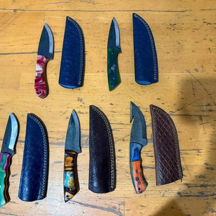 QTY (5) Handmade Fixed Blade Hunting & Utility Knives w/ Leather Sheaths