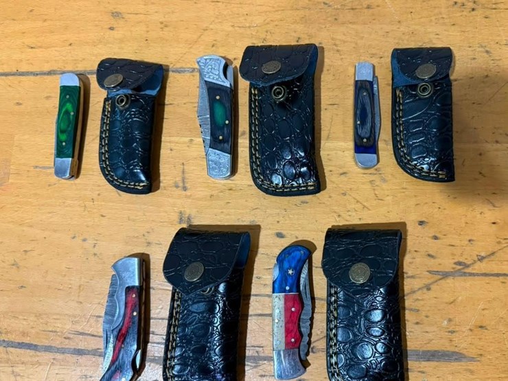 qty-(5)-handmade-folding-pocket-knives-w/-leather-belt-sheaths-assorted-collection-image-1
