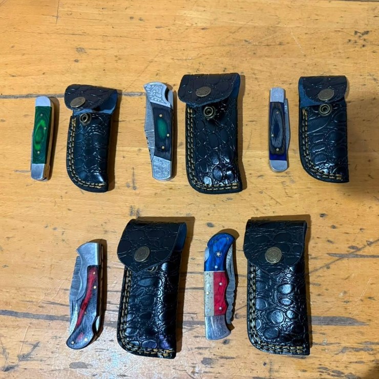 QTY (5) Handmade Folding Pocket Knives w/ Leather Belt Sheaths Assorted Collection