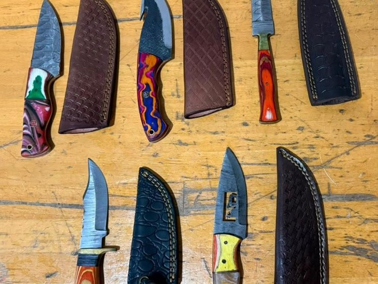 qty-(5)-handmade-hunting-&-utility-knives-w/-leather-sheaths-assorted-fixed-blade-set-image-1