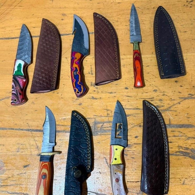 QTY (5) Handmade Hunting & Utility Knives w/ Leather Sheaths Assorted Fixed Blade Set