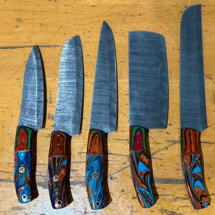 QTY (5) Handmade Chef & Kitchen Knives Damascus-Style Fixed Blade Set
