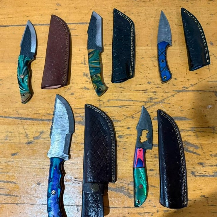 QTY (5) Handmade Hunting & Utility Knives w/ Leather Sheaths Assorted Fixed Blade Set