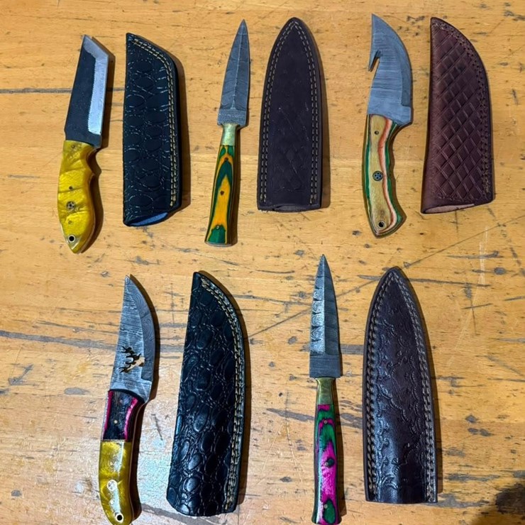 QTY (5) Handmade Hunting, Skinning & Utility Knives w/ Leather Sheaths Assorted Fixed Blade Set