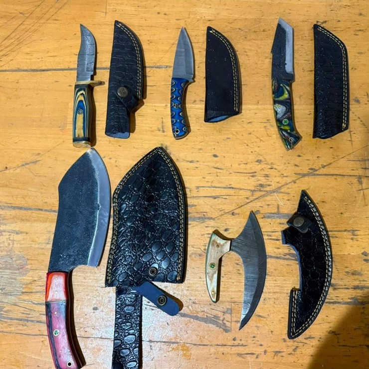 QTY (5) Handmade Hunting, Cleaver, Utility & Ulu Knives w/ Leather Sheaths Assorted Fixed Blade Se