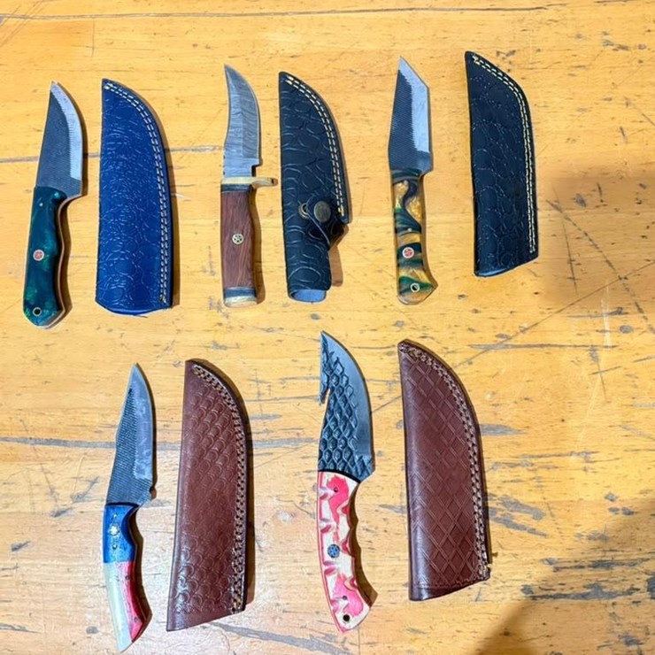 QTY (5) Handmade Fixed Blade Hunting & Utility Knives w/ Leather Sheaths