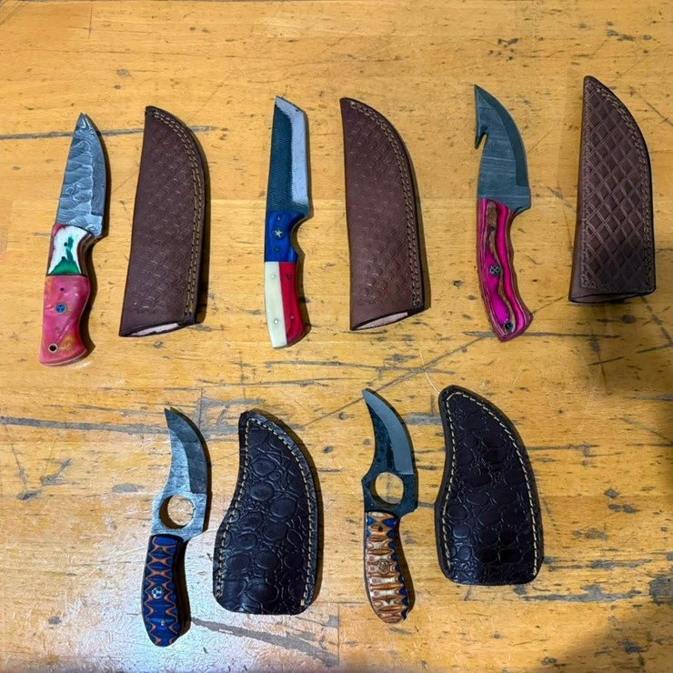 QTY (5) Handmade Hunting & Utility Knives w/ Leather Sheaths Gut Hook Assortment