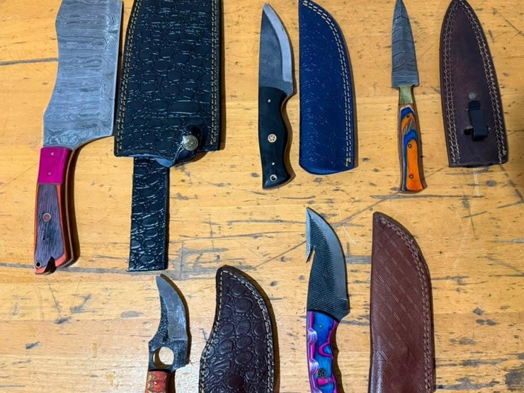 qty-(5)-handmade-fixed-blade-knives-with-leather-sheaths-&-cleaver-image-1