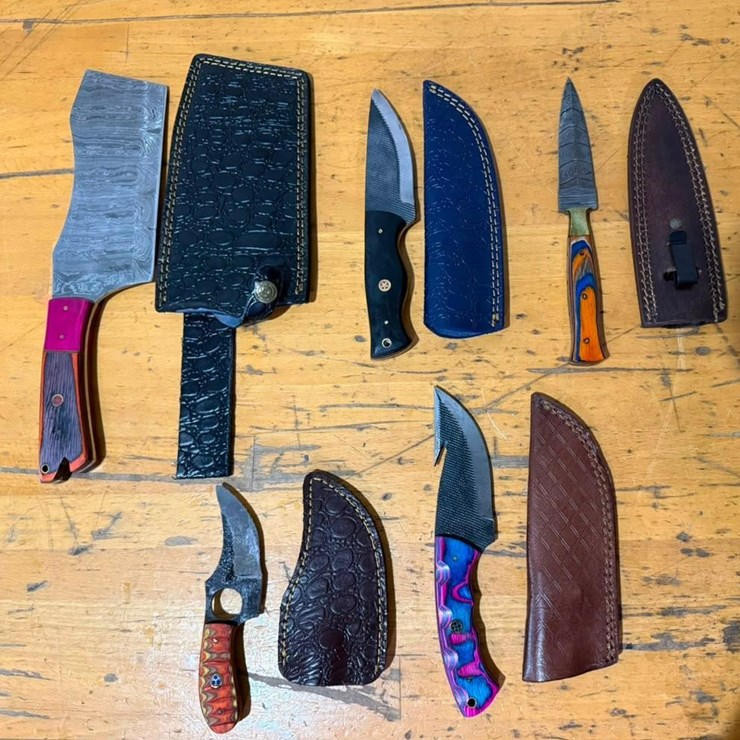 QTY (5) Handmade Fixed Blade Knives with Leather Sheaths & Cleaver
