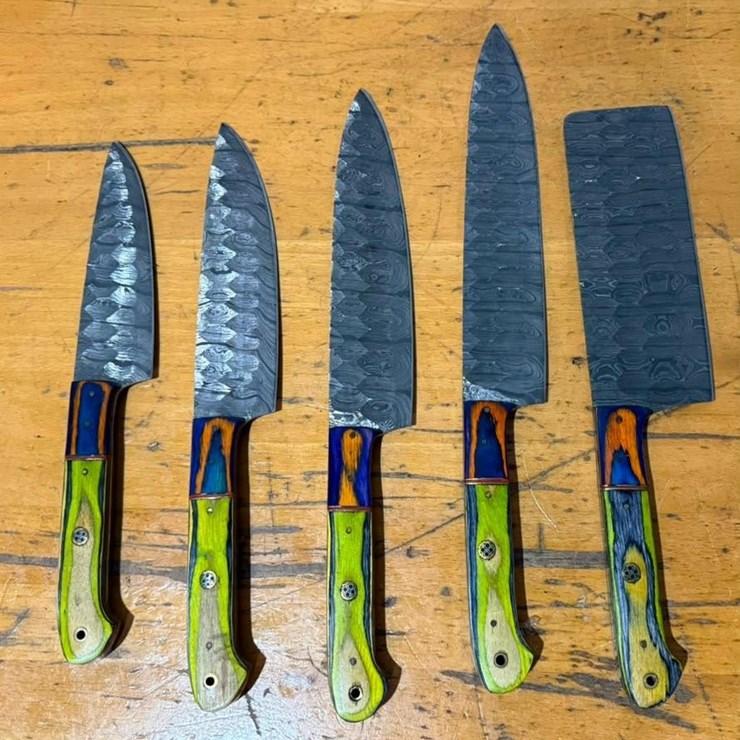 QTY (5) Handmade Damascus-Style Chef Knife Set