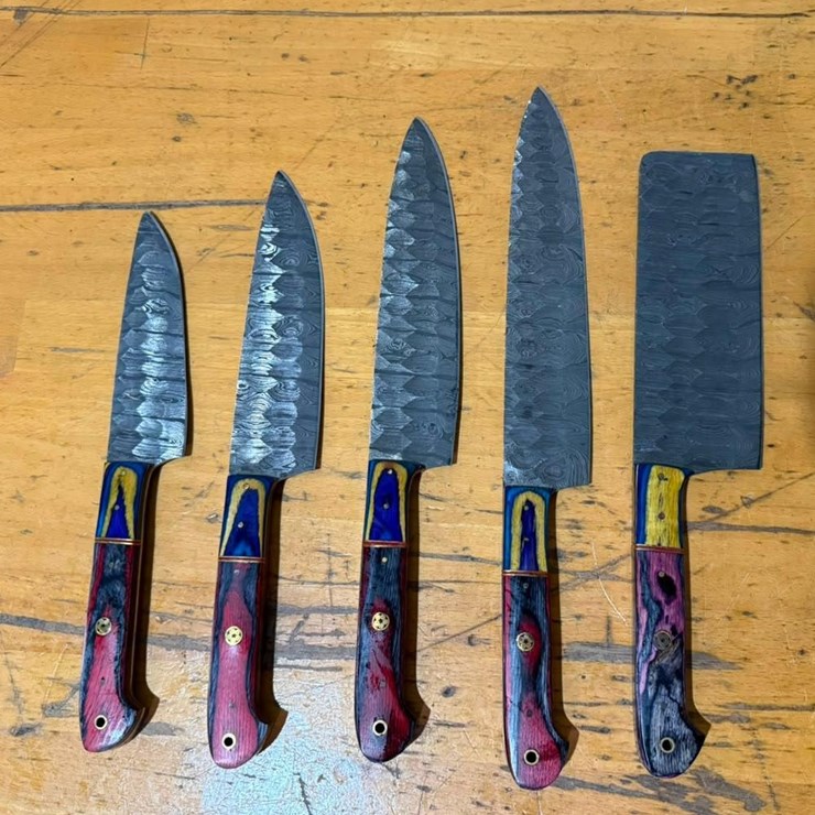 QTY (5) Handmade Chef & Cleaver Knives Assorted Damascus-Style Kitchen Knife Set