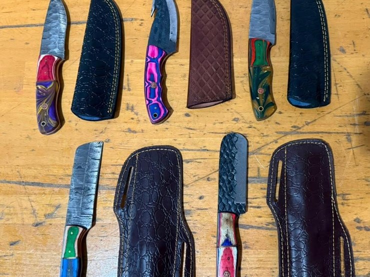 qty-(5)-handmade-hunting,-cleaver,-skinner-&-utility-knives-w/-leather-sheaths-assorted-fixed-blad-image-1