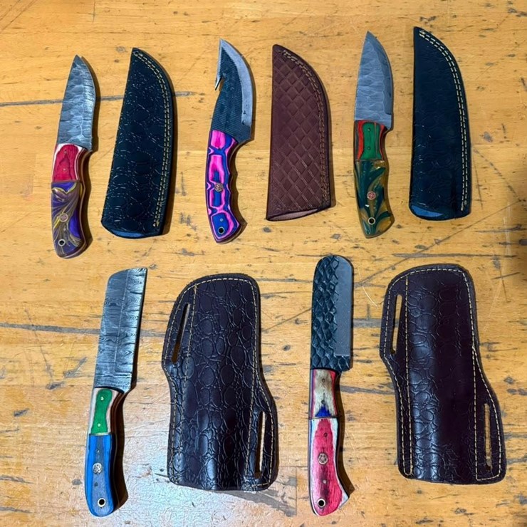 QTY (5) Handmade Hunting, Cleaver, Skinner & Utility Knives w/ Leather Sheaths Assorted Fixed Blad