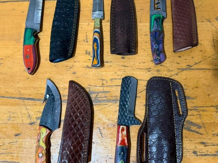 qty-(5)-handmade-hunting,-cleaver,-skinner-&-utility-knives-w/-leather-sheaths-assorted-fixed-blad-image-1