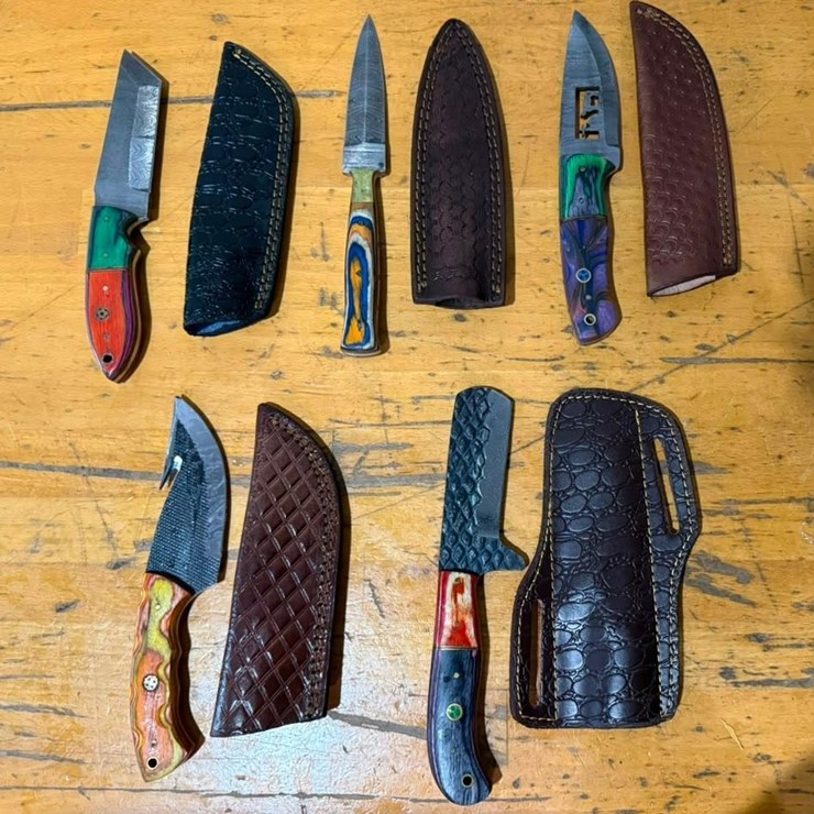 QTY (5) Handmade Hunting, Cleaver, Skinner & Utility Knives w/ Leather Sheaths Assorted Fixed Blad