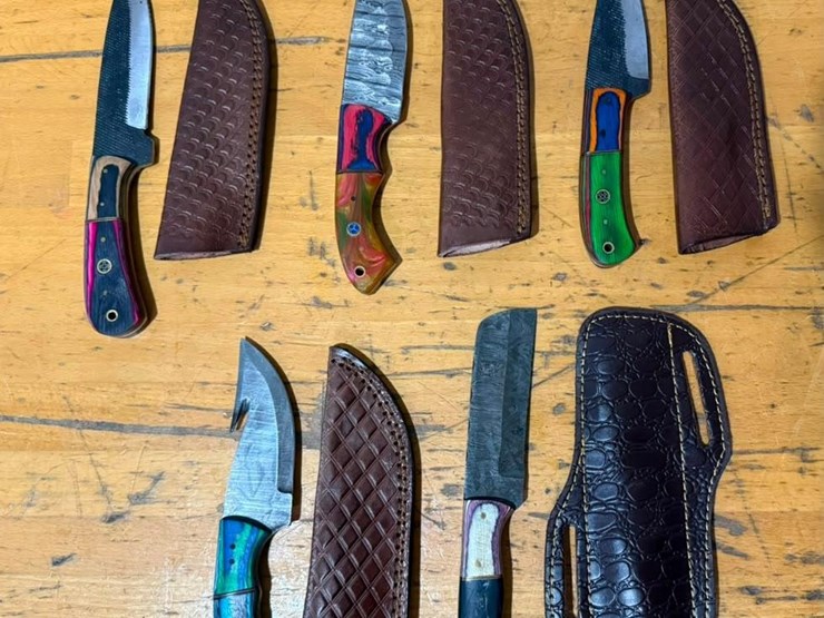 qty-(5)-handmade-hunting,-skinning,-utility-&-cleaver-knives-w/-leather-sheaths-assorted-fixed-bla-image-1