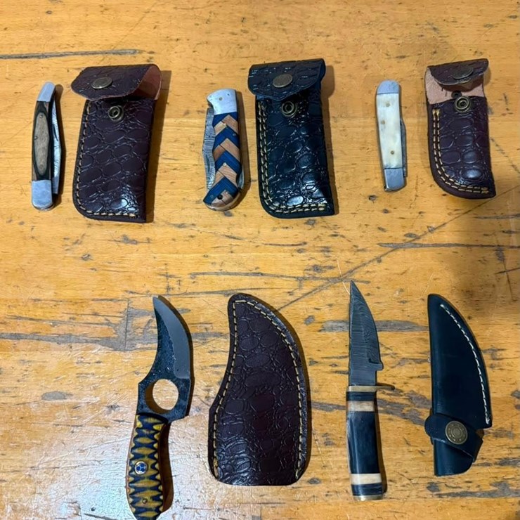 QTY (5) Pocket & Fixed Blade Knives w/ Leather Sheaths Folding & Hunting Assortment
