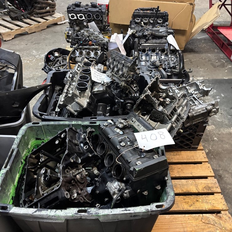 #408 • 2 PALLETS OF MOTORCYCLE ENGINES AND ENGINE PARTS