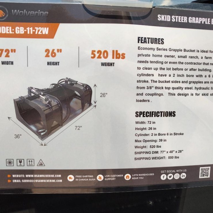 Wolverine GB-11-72W 72" Skid Steer Grapple Bucket