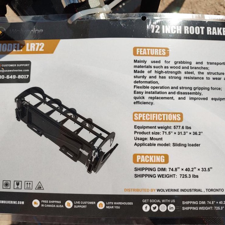 Wolverine LR72 72" Skid Steer Root Rake