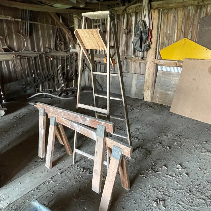 #2323 • Set of Sawhorses and Wooden Step Ladder