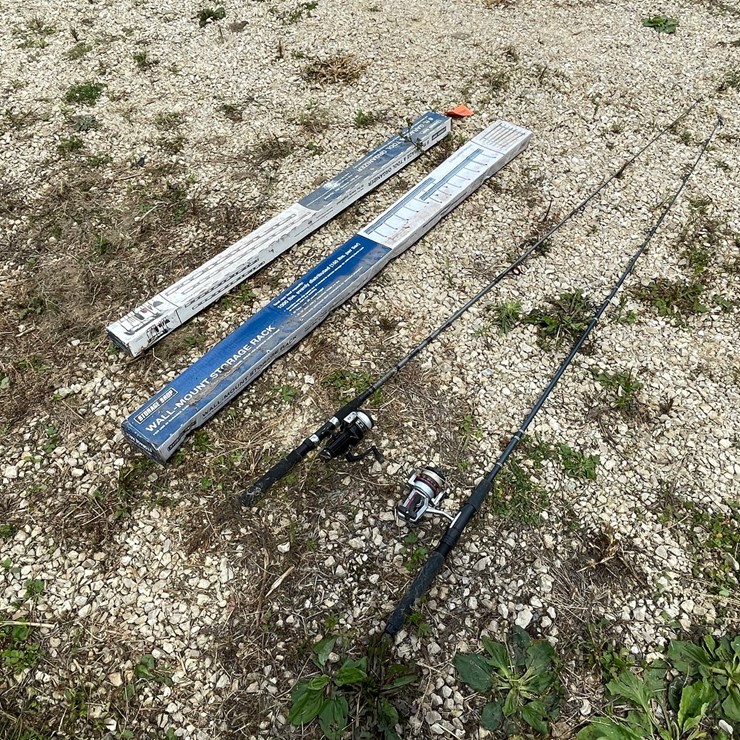 #3355 • (2) Storage Shop Tool Organizers and Fishing Poles