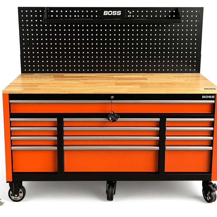 Unused Boss 16 Drawer Rolling Workbench Tool Box with Peg Board & Tools- Qty 1