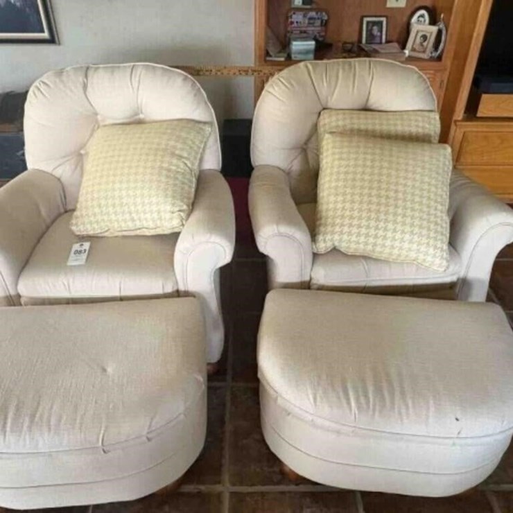 2 Cream Armchairs and Ottoman