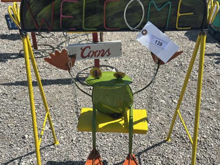 #139-•-metal-art---welcome-sign-w/-frog-on-swing-image-1